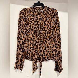 Reformation XS Leopard Animal Print Blouse Neck Tie Shirt Top
